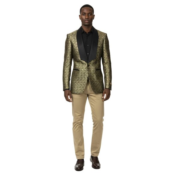 Empire™ Metallic Gold Paisley Shawl Lapel Hybrid Fit Blazer, Gold - Picture 5 of 5